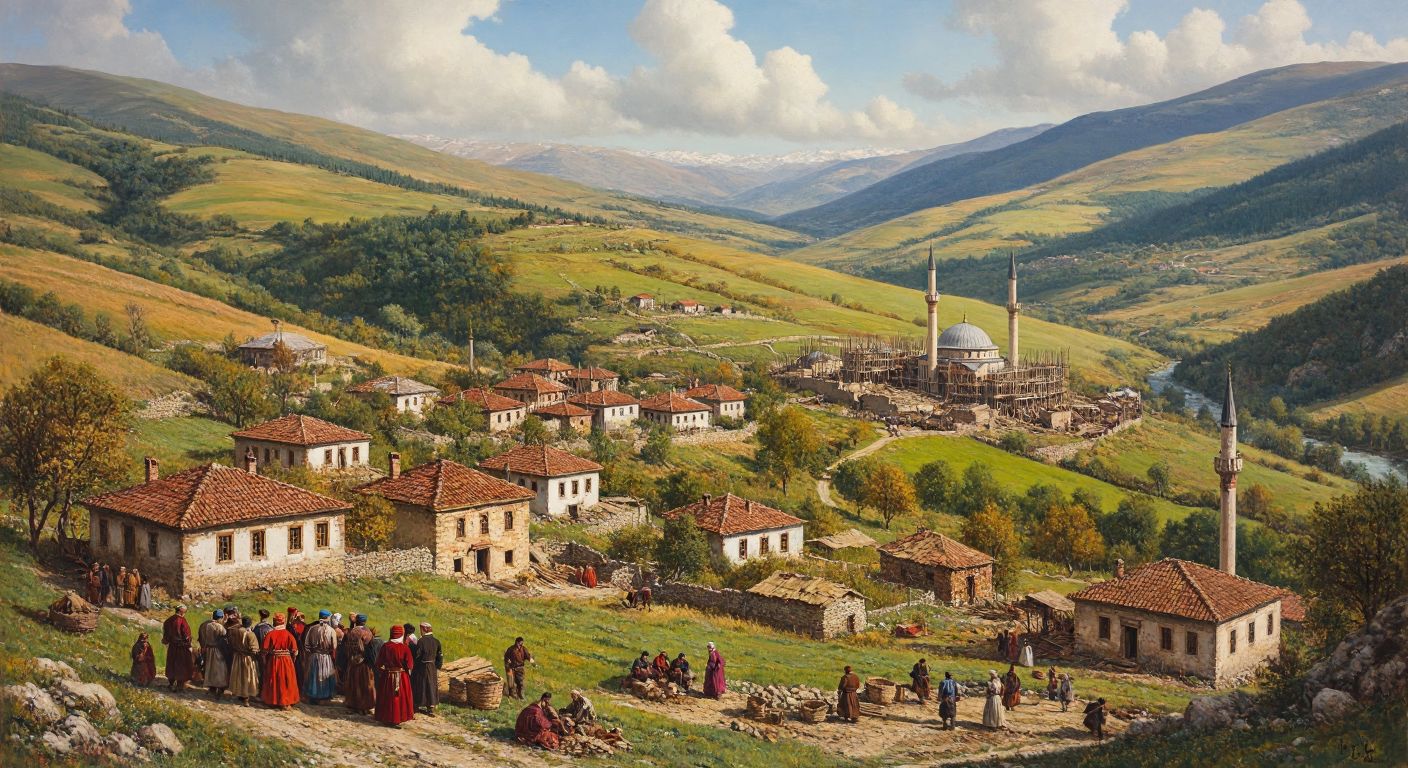 A vast Ottoman-era landscape with Turkish settlers in traditional clothing building homes alongside local villagers, surrounded by rolling hills and a mosque under construction, reflecting unity and cultural integration.