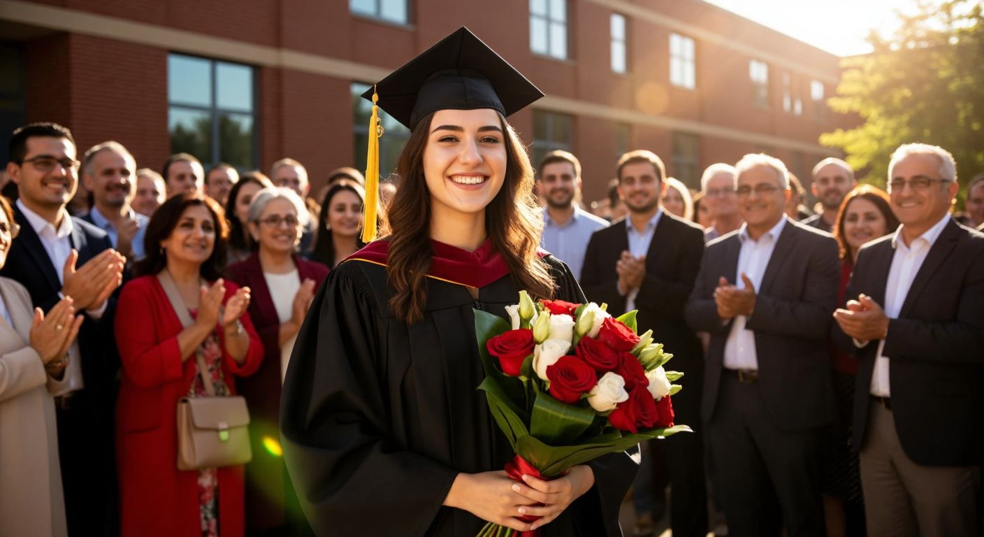 A smiling Turkish graduate in a black cap and gown holds a bouquet of red and white flowers while standing in front of a sunlit school building, surrounded by proud family members clapping and embracing them.