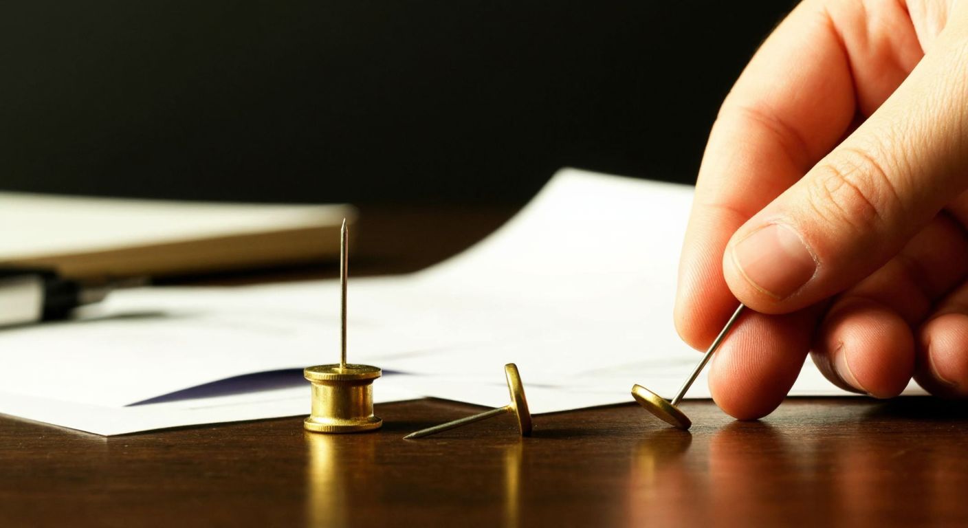 A close-up of a hand holding a flat-headed thumbtack next to a hand holding a round-headed pushpin, both resting on a wooden desk with scattered papers in warm Turkish office lighting.