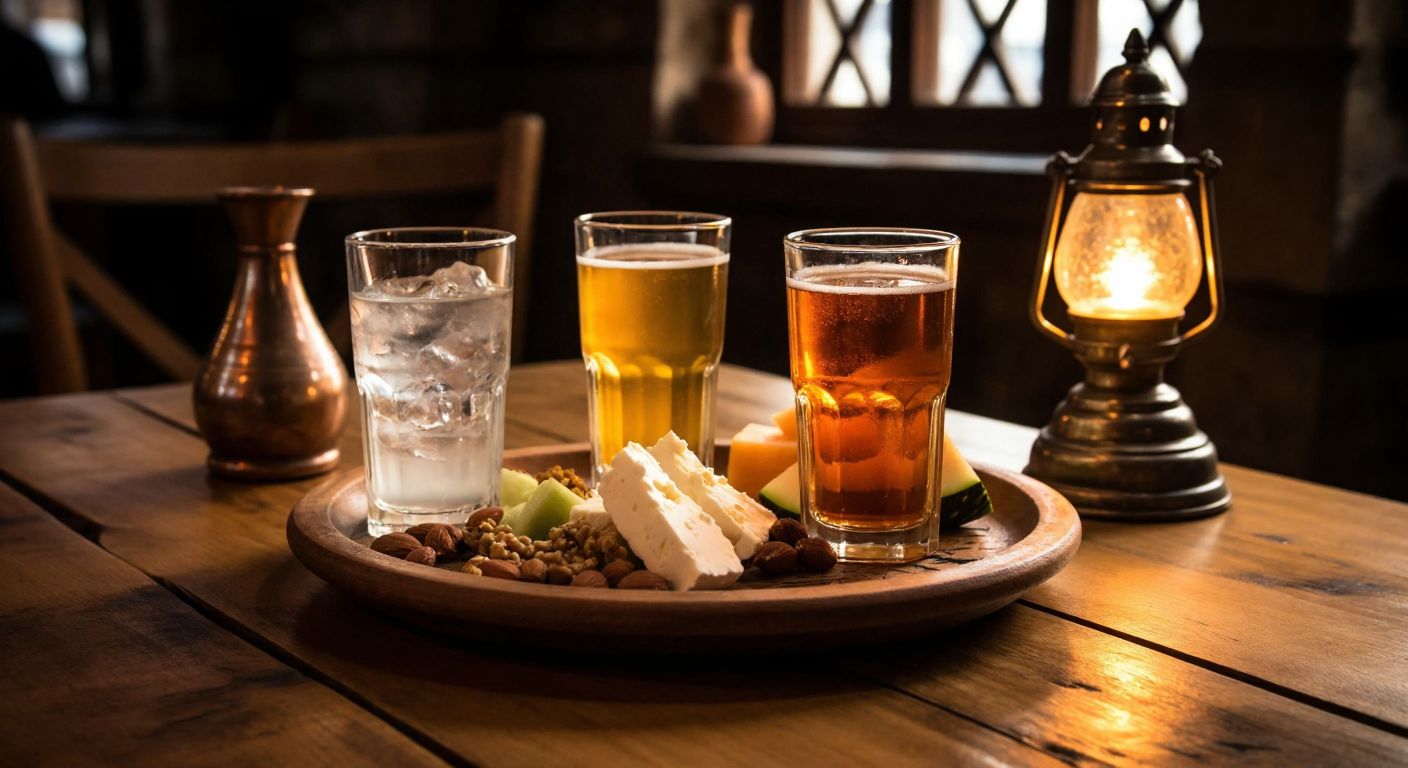 A rustic wooden table in a cozy Turkish tavern holds three distinct glasses of raki—one crystal-clear, one amber-hued, and one pale gold—each paired with a small plate of white cheese, melon, and nuts, under warm lantern light.