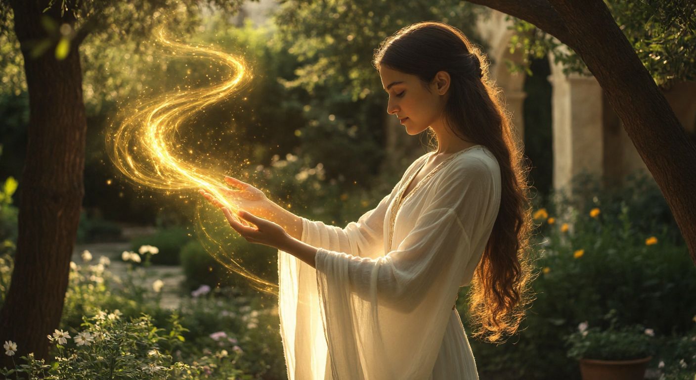 A serene Turkish woman in flowing white garments stands in a sunlit garden, gently pressing her fingertips to a person's arm while golden energy swirls around their connected hands, symbolizing holistic balance.