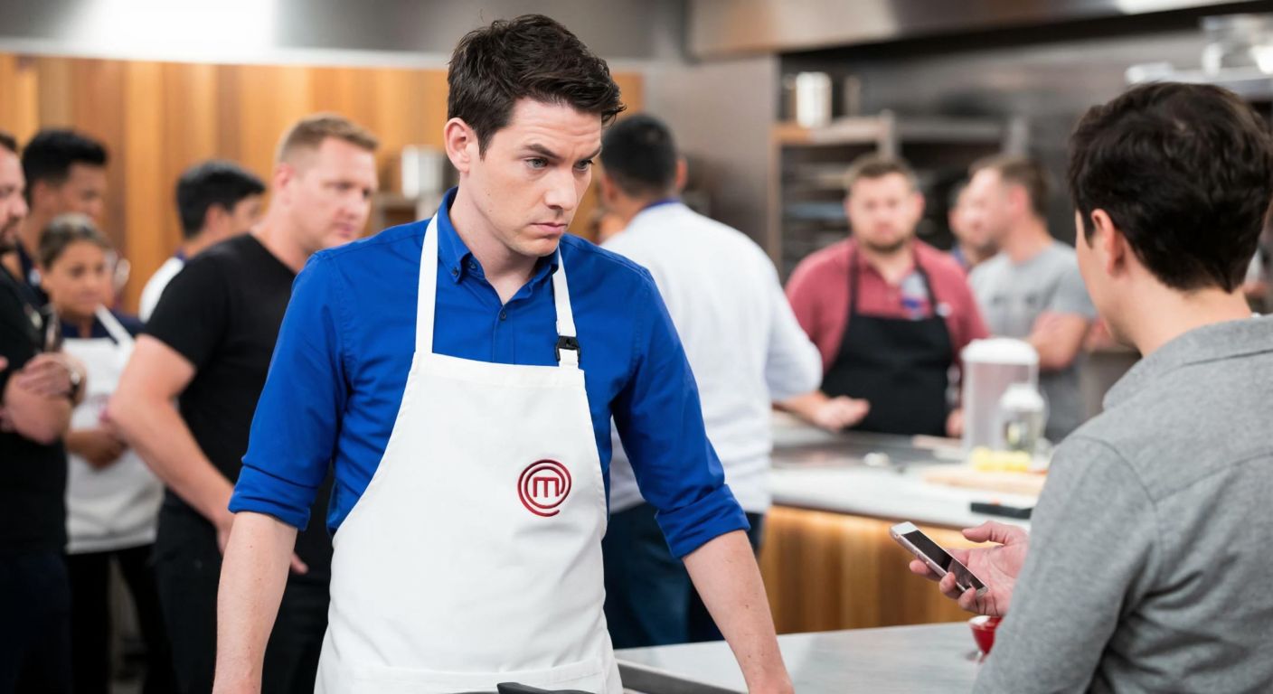 A tense MasterChef contestant in a white apron stands in a bustling kitchen, frowning as they reluctantly hand over a smartphone to a stern-faced judge.