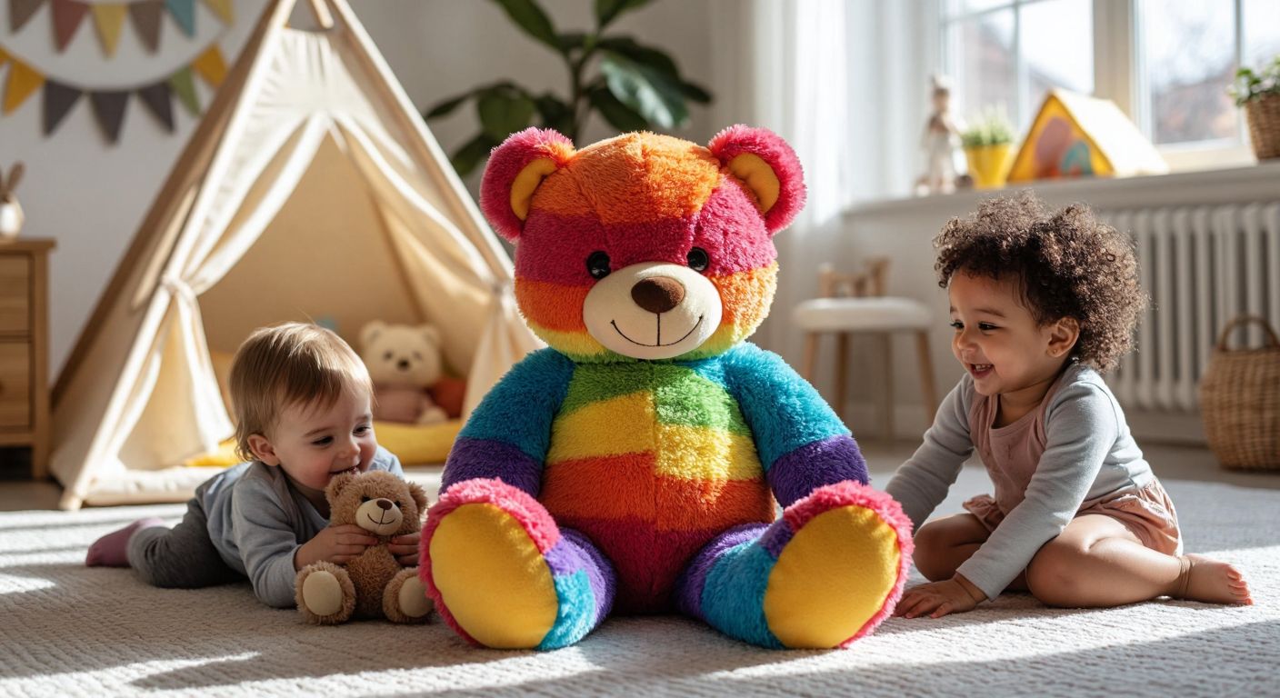 A colorful rainbow teddy bear surrounded by three happy children of different ages—a toddler hugging a small plush, a preschooler playing inside a fabric play tent, and a baby lying next to a soft five-piece set—all in a cozy, sunlit nursery.