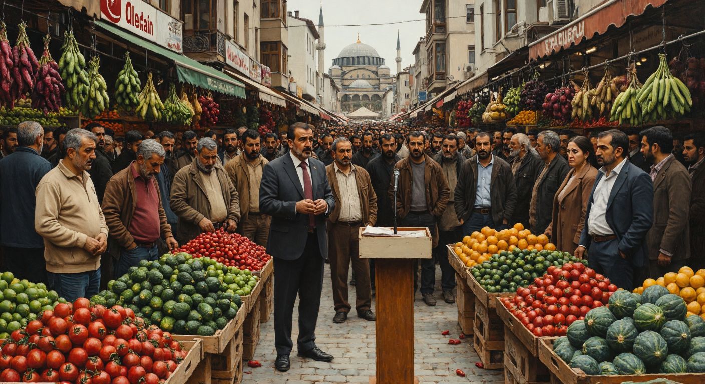A crowded Turkish marketplace with frustrated citizens in worn clothing examining high-priced produce, while a distant politician in a suit gestures confidently from a podium.