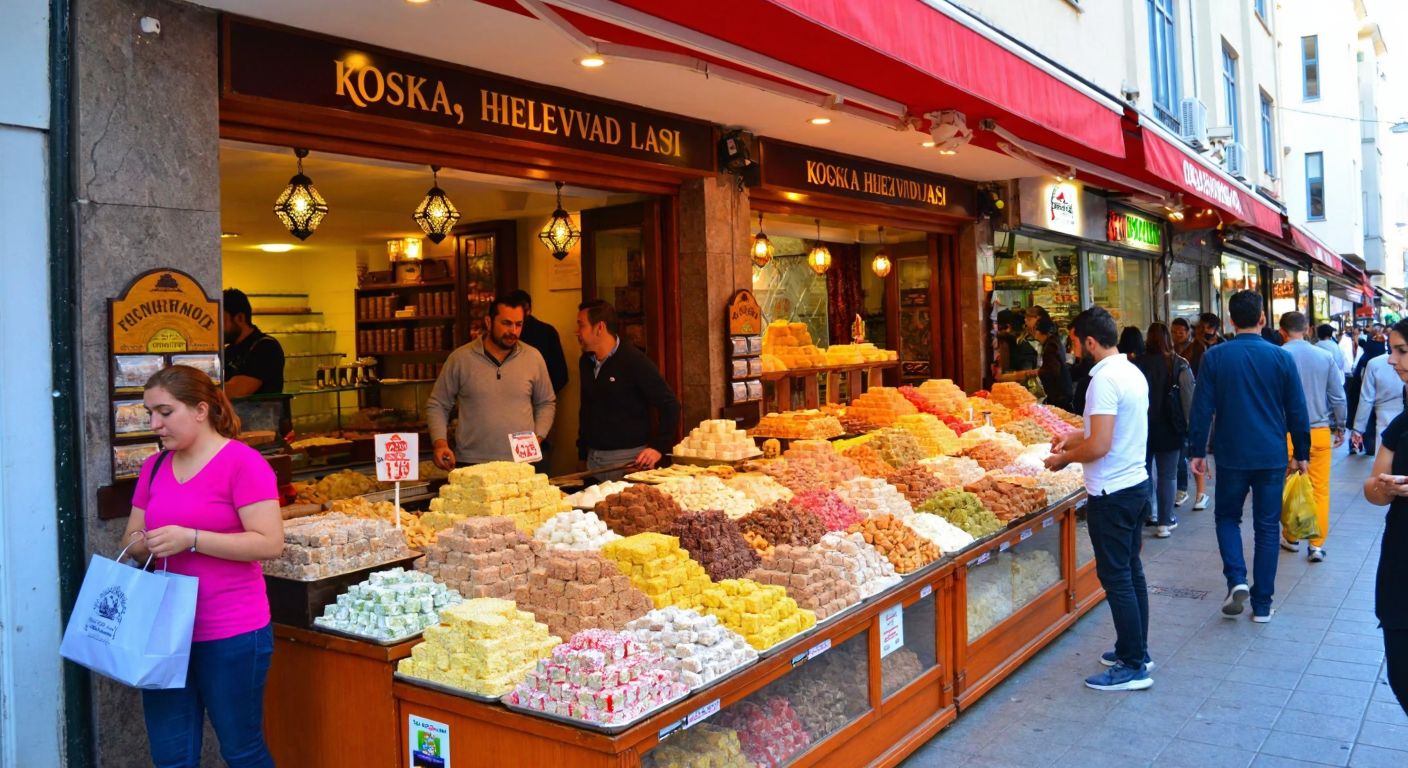 A bustling street in Fatih, Istanbul, with a traditional Turkish sweet shop (Koska Helvacısı) displaying colorful trays of lokum and helva, surrounded by people in casual attire enjoying the treats under a bright awning.