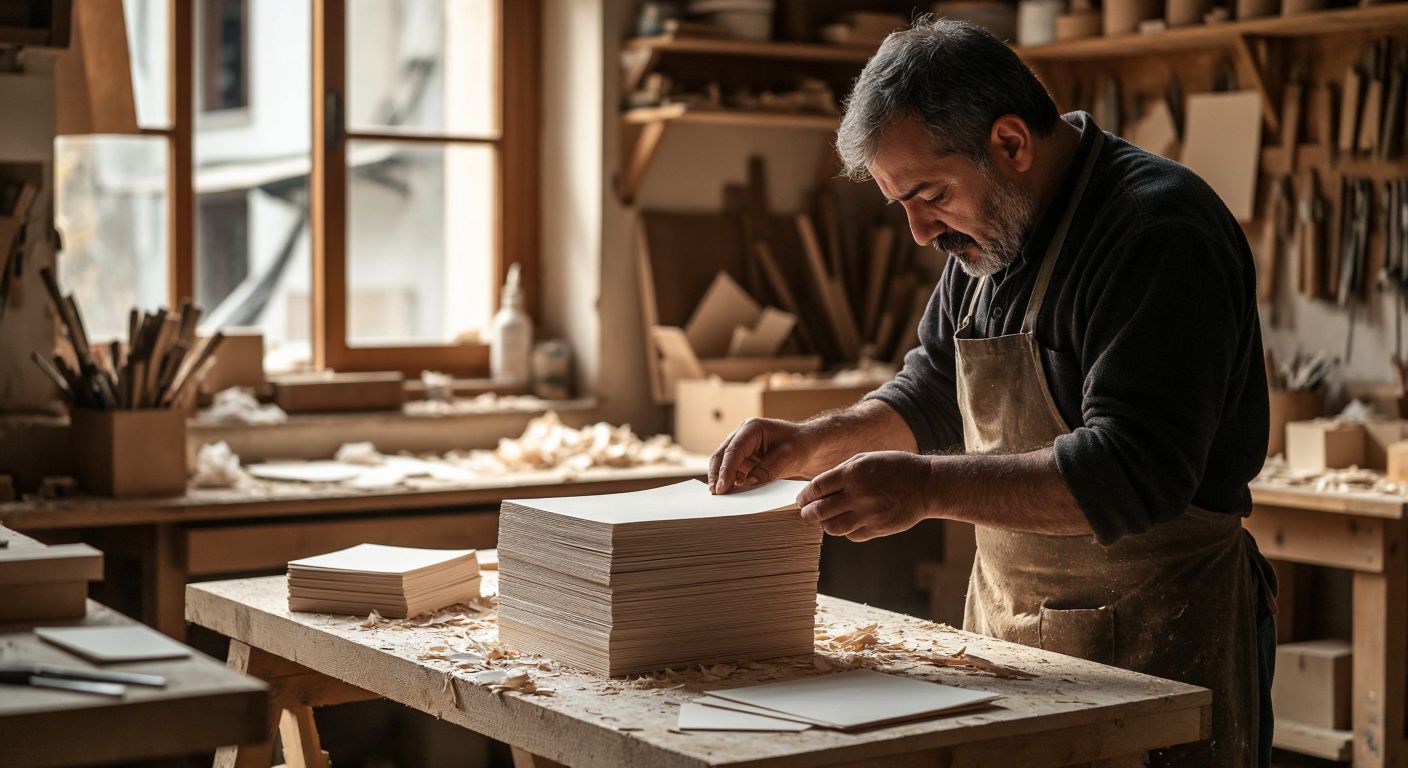 A craftsman in a Turkish workshop carefully stacks and glues layers of cut paper into a cube-shaped notepad, with a wooden pallet resting nearby, surrounded by scattered paper scraps and wood shavings under warm workshop lighting.