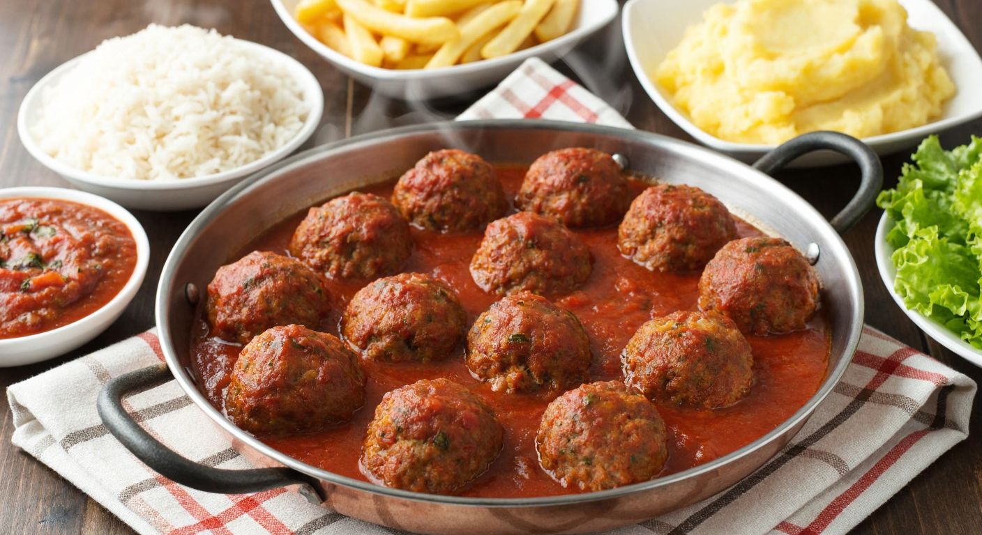 A steaming plate of juicy meatballs in rich tomato sauce, surrounded by small bowls of fluffy rice pilaf, golden french fries, creamy mashed potatoes, and a fresh green salad, all set on a rustic wooden table with a checkered cloth.