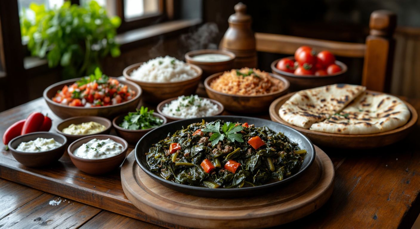A rustic wooden table in a Turkish kitchen holds a steaming plate of sautéed chard (pazı kavurma) surrounded by small bowls of garlic yogurt, fluffy rice pilaf, a fresh shepherd's salad, warm flatbread, and grilled chicken, evoking a cozy, home-cooked meal.