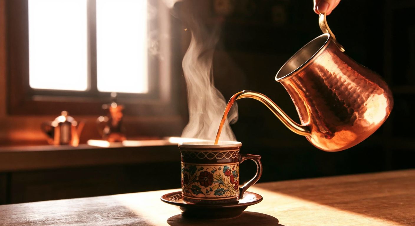 A large copper cezve pours thick, aromatic Turkish coffee into an ornate ceramic cup, with steam rising against a warm, sunlit backdrop of a traditional Turkish kitchen.