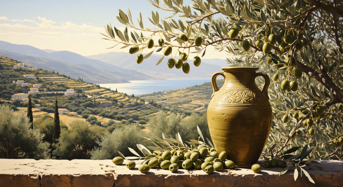 A golden-green olive branch laden with plump, glossy olives against a sunlit Aegean landscape, with a traditional Turkish olive oil amphora resting in the foreground.