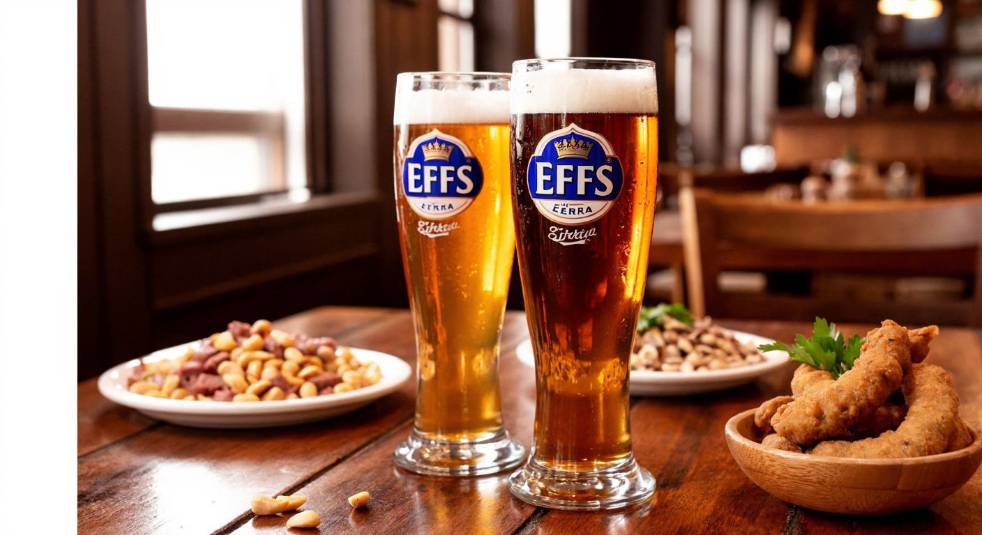 A rustic wooden table in a cozy Turkish tavern with two frothy beer glasses—one filled with golden Efes Pilsen and the other with darker Efes Extra—side by side, condensation dripping down the glasses, surrounded by a plate of salted nuts and a bowl of çiğ köfte.