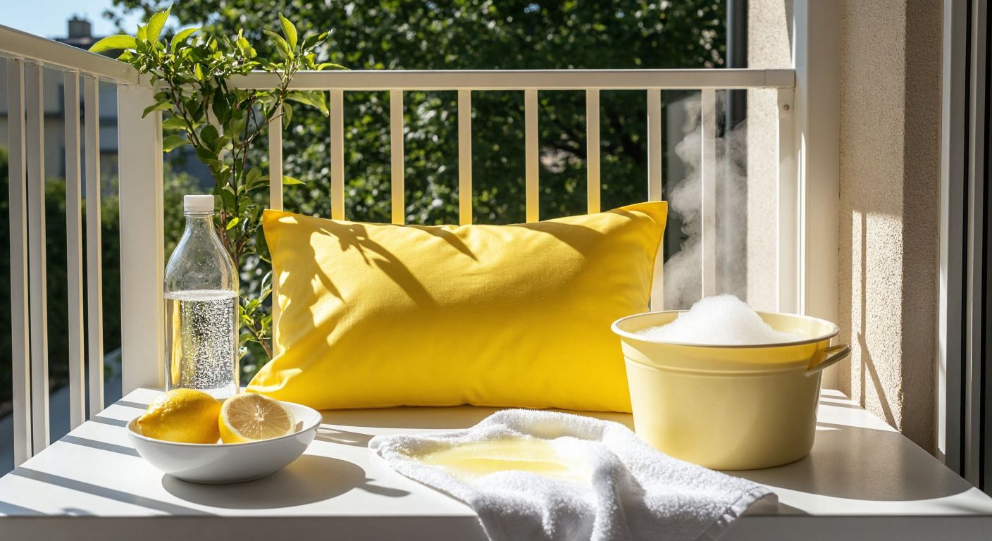 A bright yellow pillowcase lies on a sunlit balcony, sprinkled with baking soda and vinegar, next to a bowl of lemon-water mixture and a steaming bucket of soda-vinegar solution, evoking a fresh, natural cleaning process.