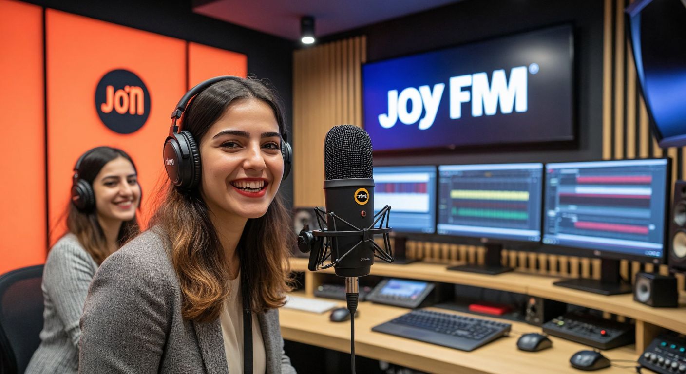 A modern radio studio in Istanbul with a sleek microphone bearing the Joy FM logo, surrounded by Turkish media professionals in business casual attire, smiling confidently while adjusting sound equipment.