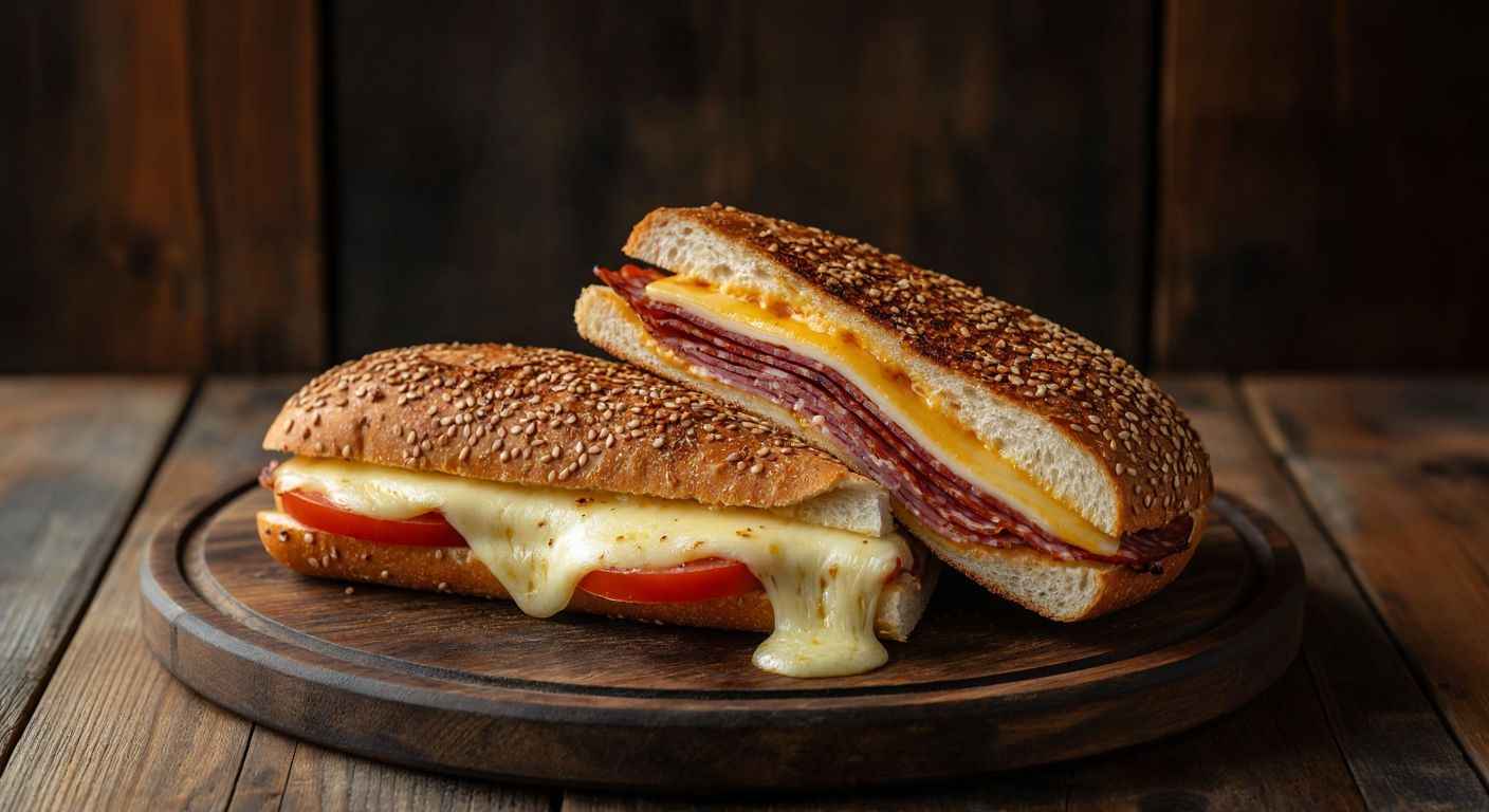 A warm, golden-brown **yengen** sandwich with melted cheese oozing out, placed beside a **kumru** sandwich on sesame-crusted bread, both on a rustic wooden table with slices of tomato and cured meats peeking out.