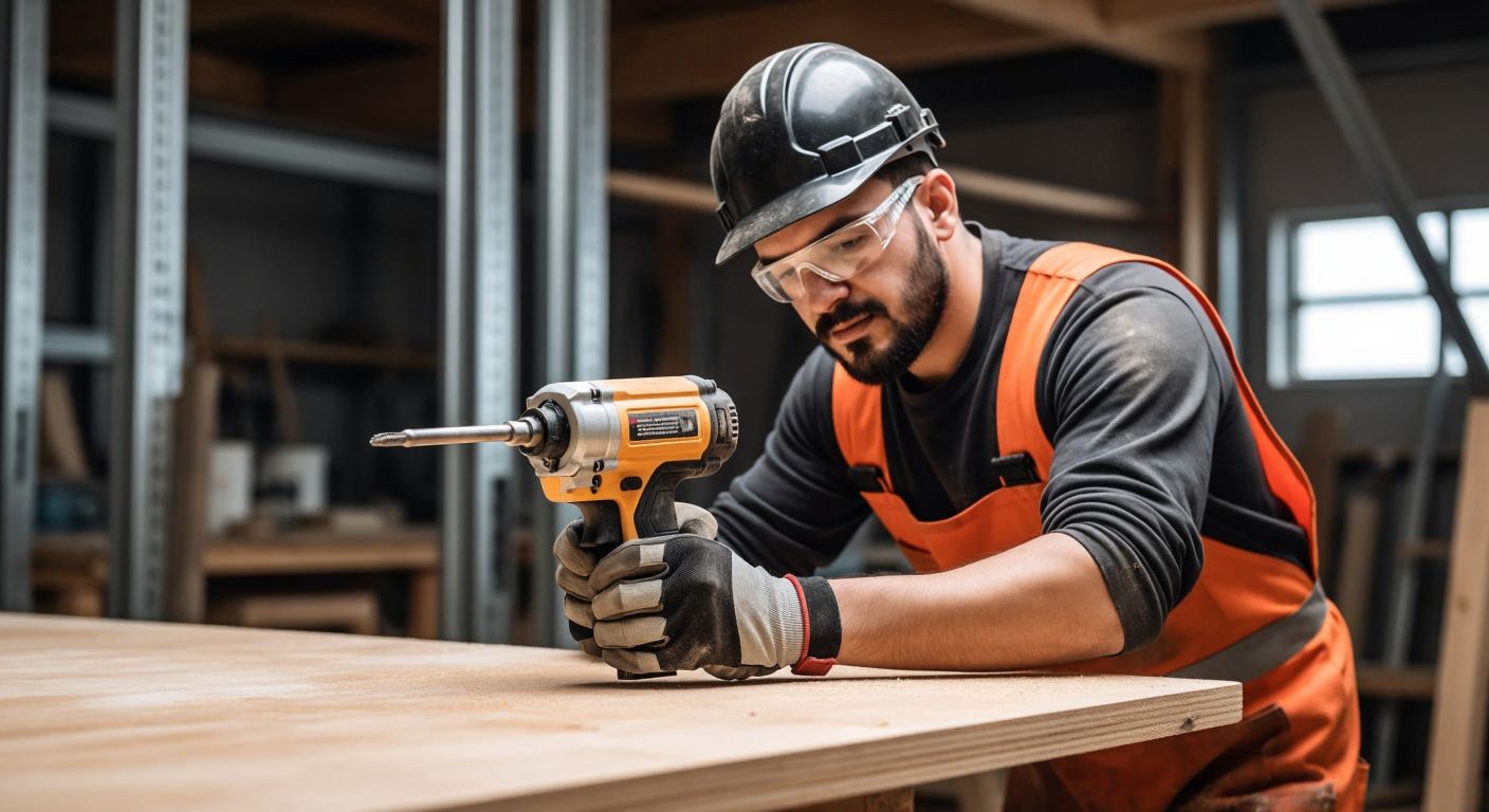 A Turkish construction worker wearing safety goggles and gloves firmly grips a pneumatic nail gun, pressing it against a clean wooden surface in a well-lit workshop.