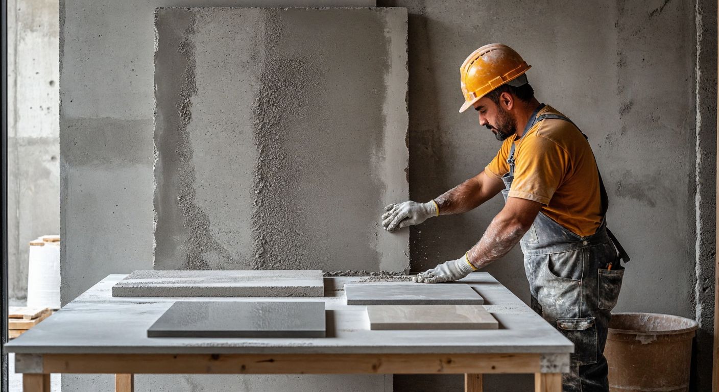 A Turkish construction worker in a hard hat and dusty overalls carefully applies smooth cement plaster to a rough concrete wall, with panels, natural stone tiles, and epoxy resin samples laid out neatly on a wooden table nearby.