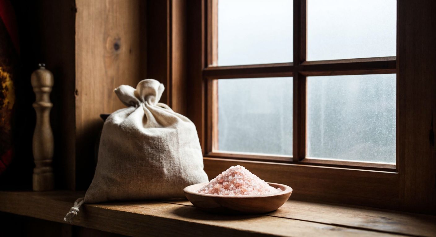 A rustic Turkish kitchen with a woven cloth bag of pink Himalayan salt resting on a wooden shelf near a foggy window, absorbing moisture from the humid air.