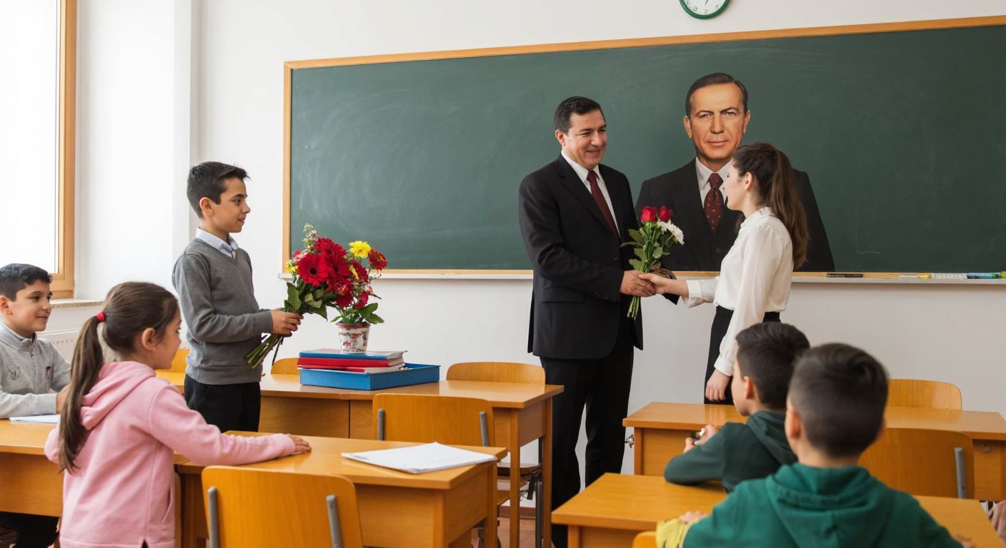 A solemn Turkish classroom with a portrait of Atatürk on the wall, students presenting flowers to their smiling teacher beside a chalkboard.