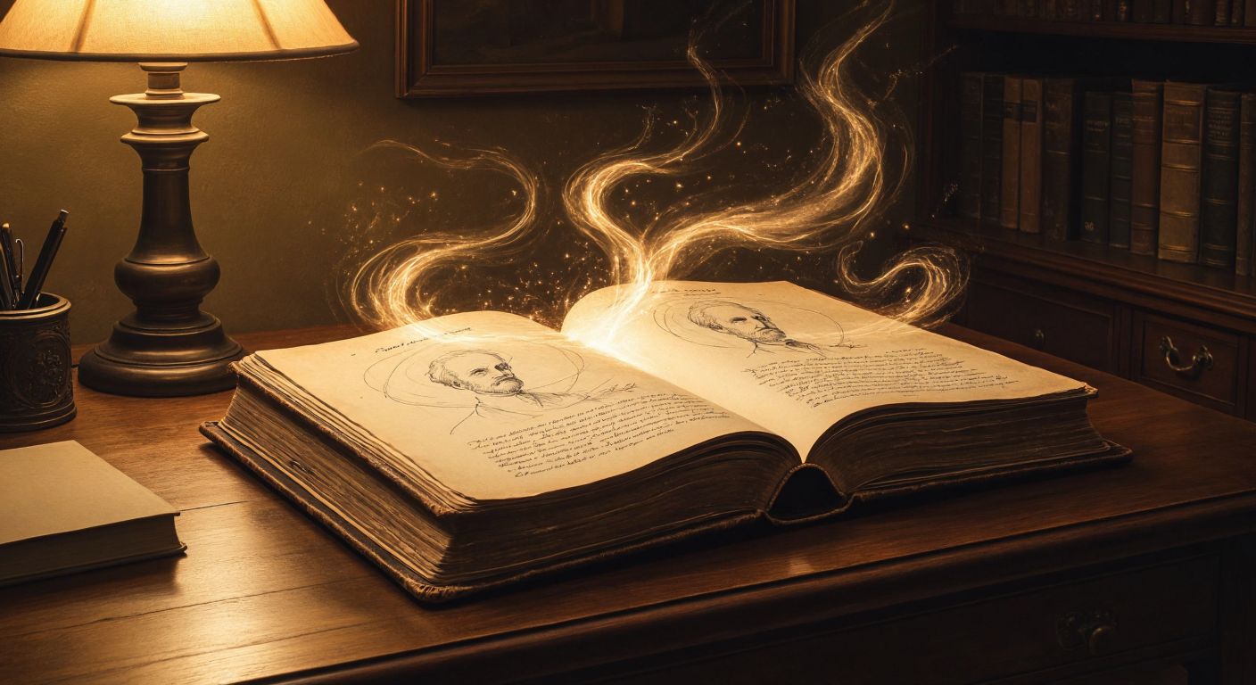 A weathered leather-bound book lies open on a wooden desk, its pages illuminated by a warm lamp, with faint sketches of three philosophers—Peirce, Popper, and Kane—emerging like wisps of thought above the text, surrounded by swirling abstract shapes representing chance and freedom.