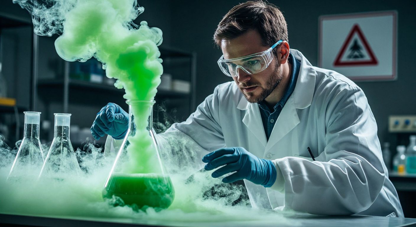 A scientist in a white lab coat wearing protective goggles and gloves steps back cautiously from a swirling, translucent green gas (NH3) leaking from a cracked glass flask, with a warning sign blurred in the background.