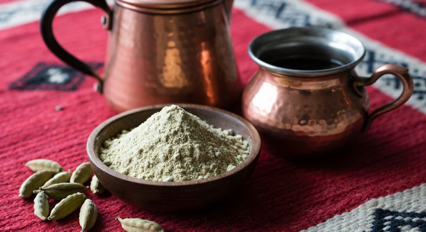 A warm copper teapot steeping with whole cardamom pods beside a small wooden bowl filled with freshly ground cardamom powder, both resting on a handwoven Turkish kilim.