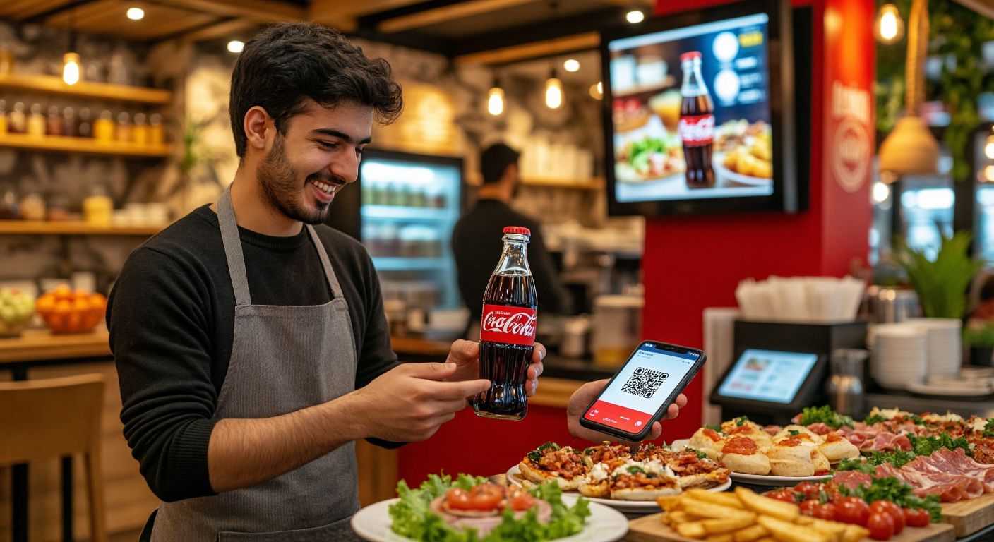 A vibrant Turkish café scene with a smiling waiter holding a Coca-Cola bottle near a digital menu screen, while a young customer scans a QR code from the bottle cap using their smartphone, surrounded by colorful appetizers and the lively atmosphere of the café.