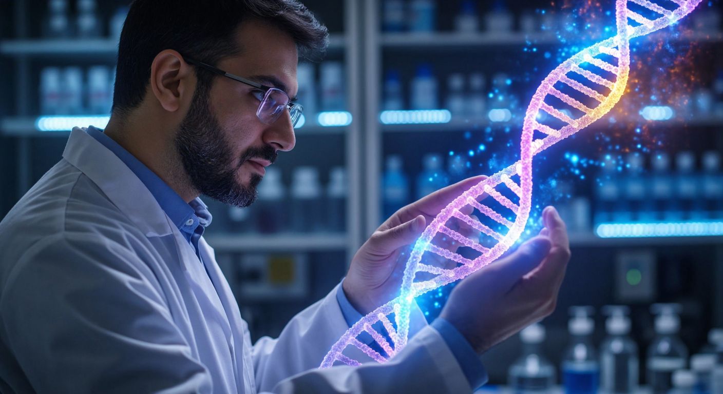 A Turkish scientist in a lab coat examines a glowing DNA double helix, with one highlighted segment representing a gene and the entire structure symbolizing the genome.