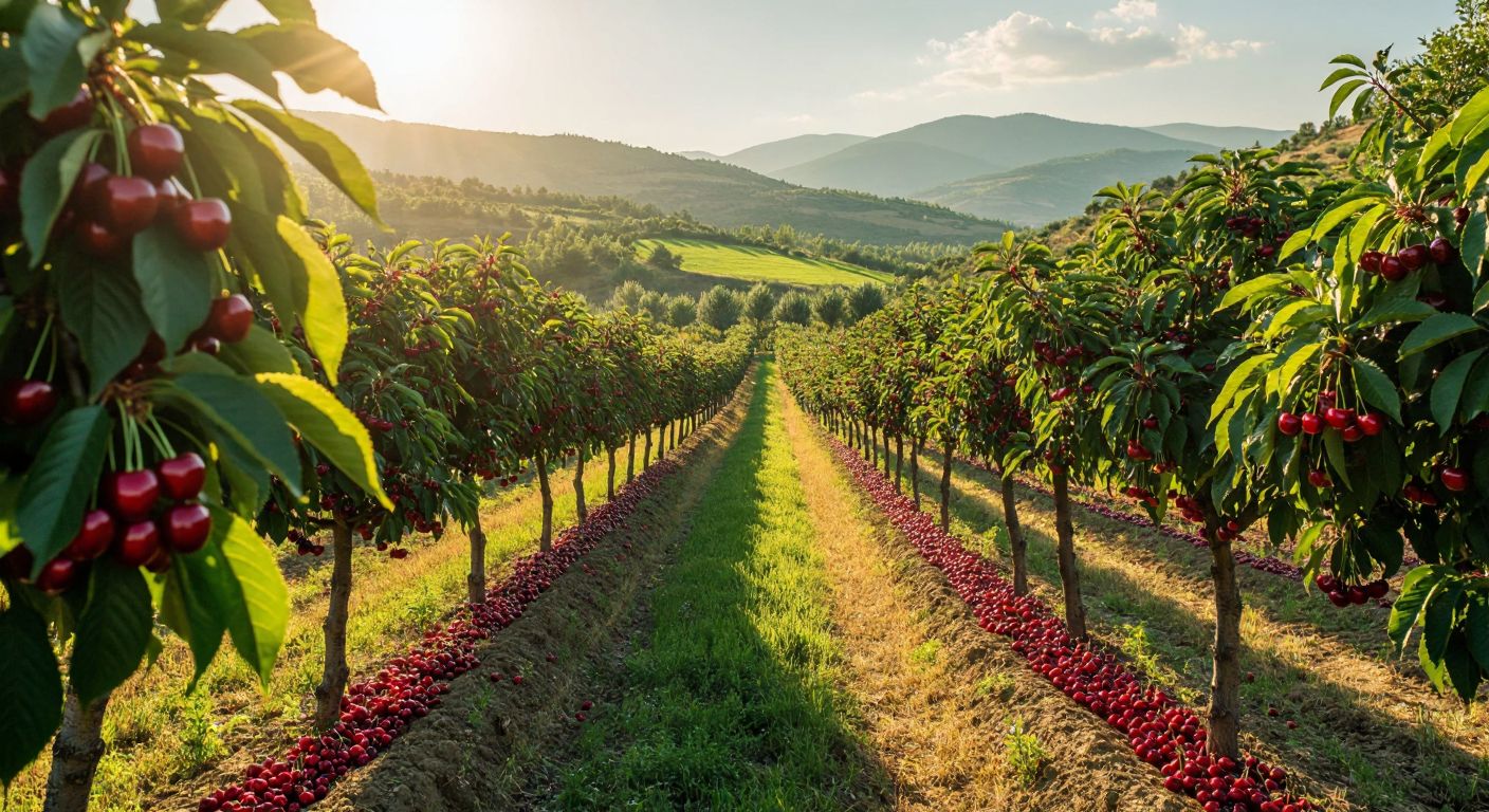 A sunlit orchard in Turkey with rows of cherry trees heavy with ripe red cherries, set against a backdrop of rolling hills in Isparta or Manisa, where farmers in traditional attire carefully harvest the fruit.