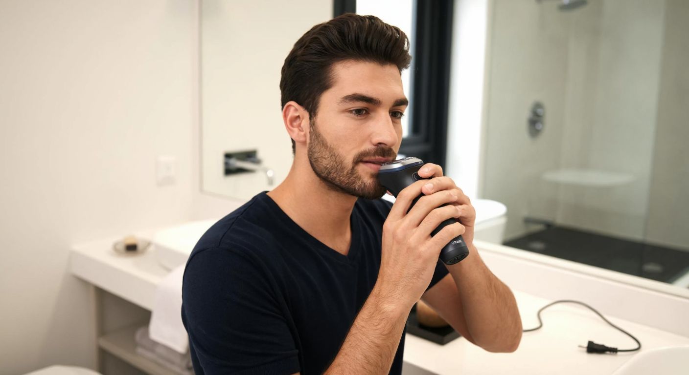 A Turkish man with a neatly trimmed beard stands in a well-lit bathroom, holding a sleek Philips 3000 series shaver near his cheek, while a charging cable rests on the counter beside a small puddle of water from rinsing the shaver head.