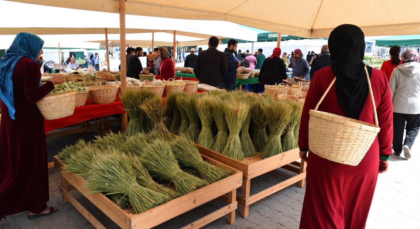 A bustling Turkish farmers' market with wooden stalls displaying fresh, knotted barley stalks, surrounded by vendors in traditional attire and shoppers carrying woven baskets.