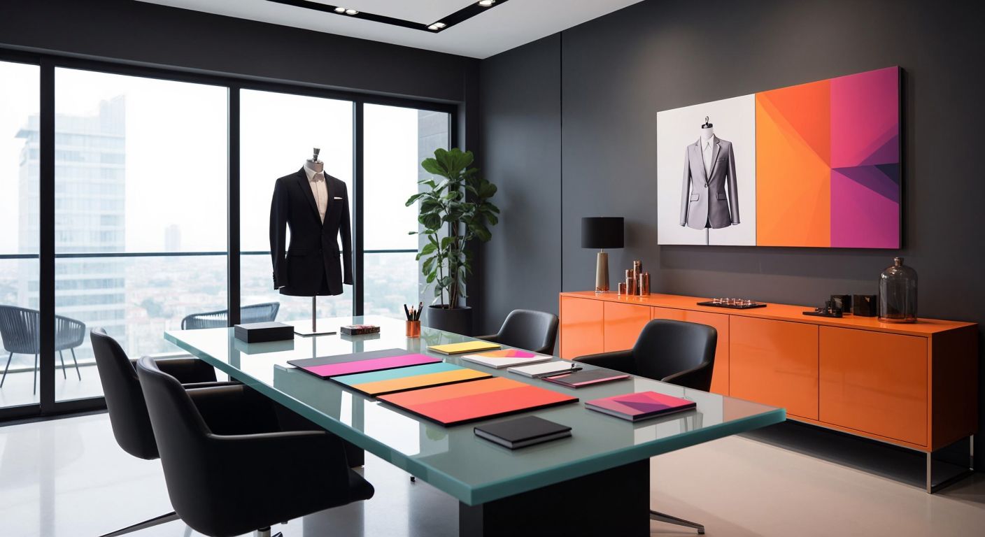 A sleek, modern office in Istanbul with a designer meticulously arranging a vibrant color palette, logo sketches, and branded stationery on a glass table, while a mannequin displays a professional uniform nearby.