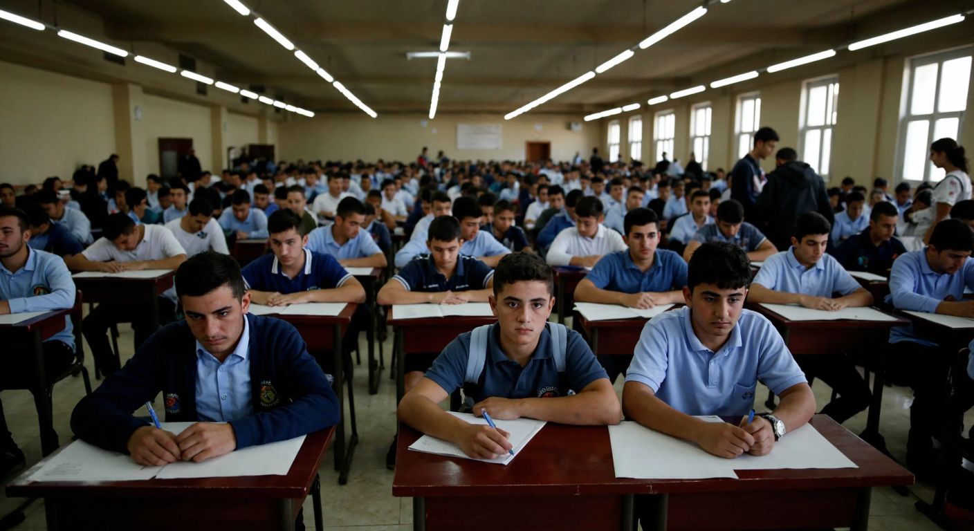 A crowded examination hall in Turkey, filled with determined young students in uniform, sitting at desks with focused expressions under bright fluorescent lights.