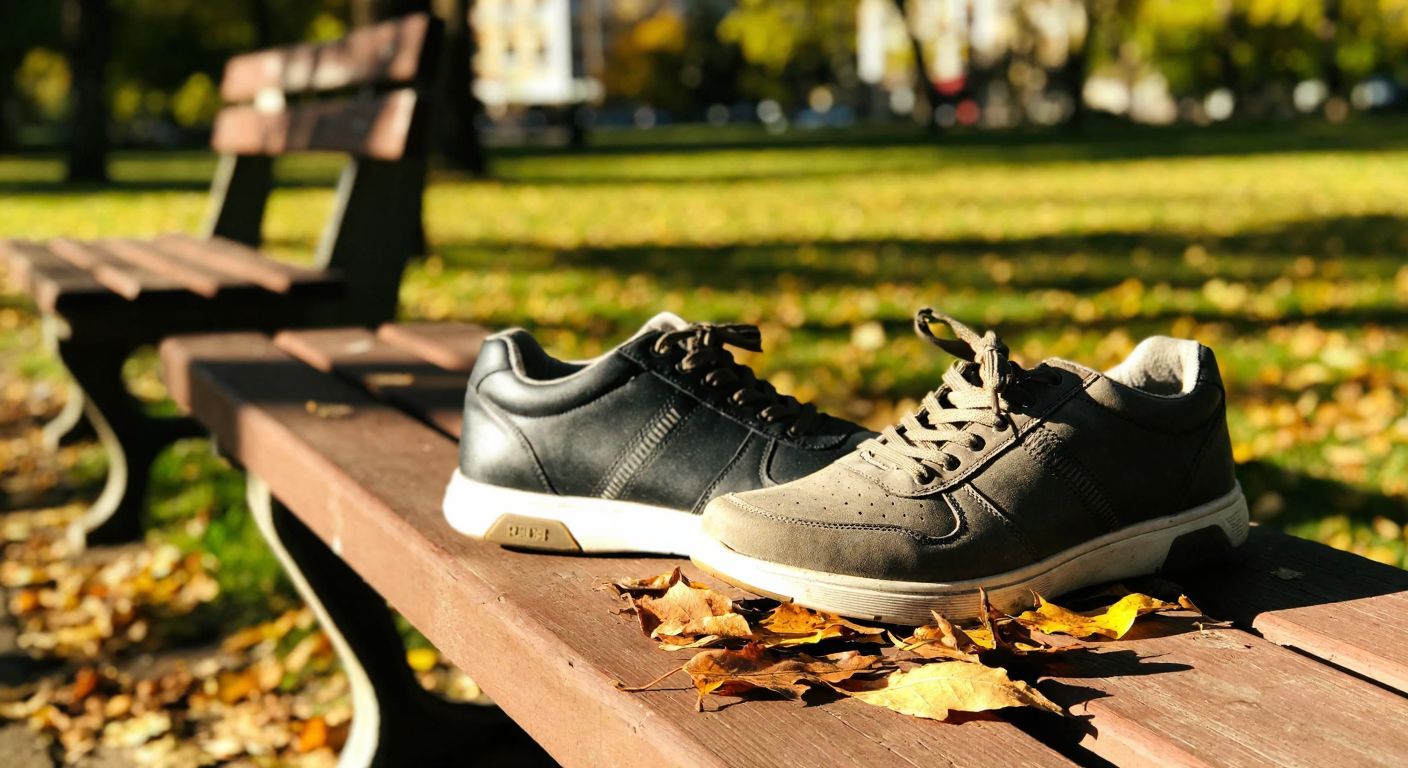 A pair of well-worn Hammer Jack sneakers placed on a wooden bench in a sunny park, with one shoe slightly scuffed and the other looking pristine, surrounded by fallen autumn leaves.