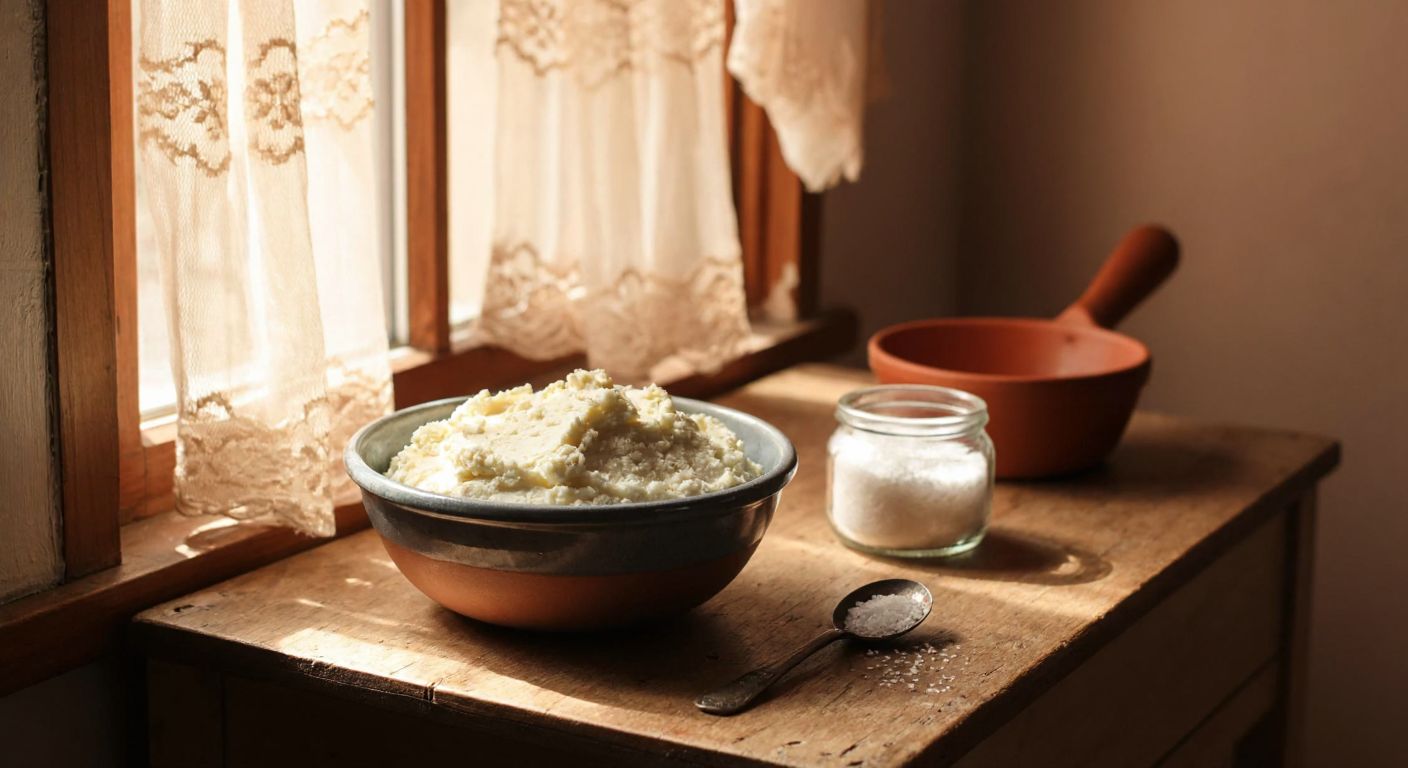 A rustic wooden table in a Turkish kitchen holds a bowl of creamy homemade cheese, a small spoonful of salt beside it, with warm sunlight streaming through a lace-curtained window.