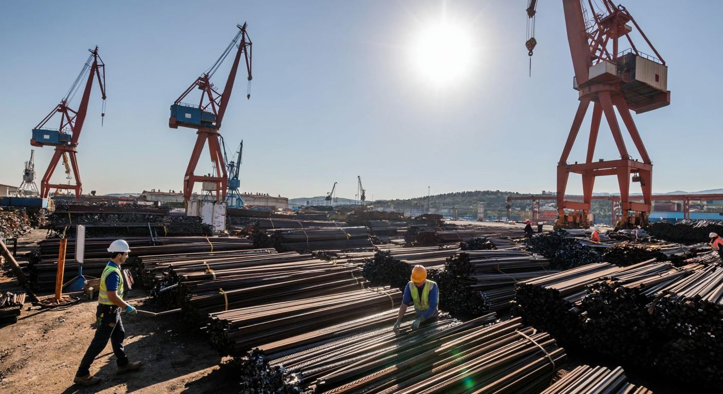 A bustling Turkish industrial port with towering cranes unloading piles of scrap metal under a bright sun, while workers in hard hats sort materials near stacks of recycled steel bars.