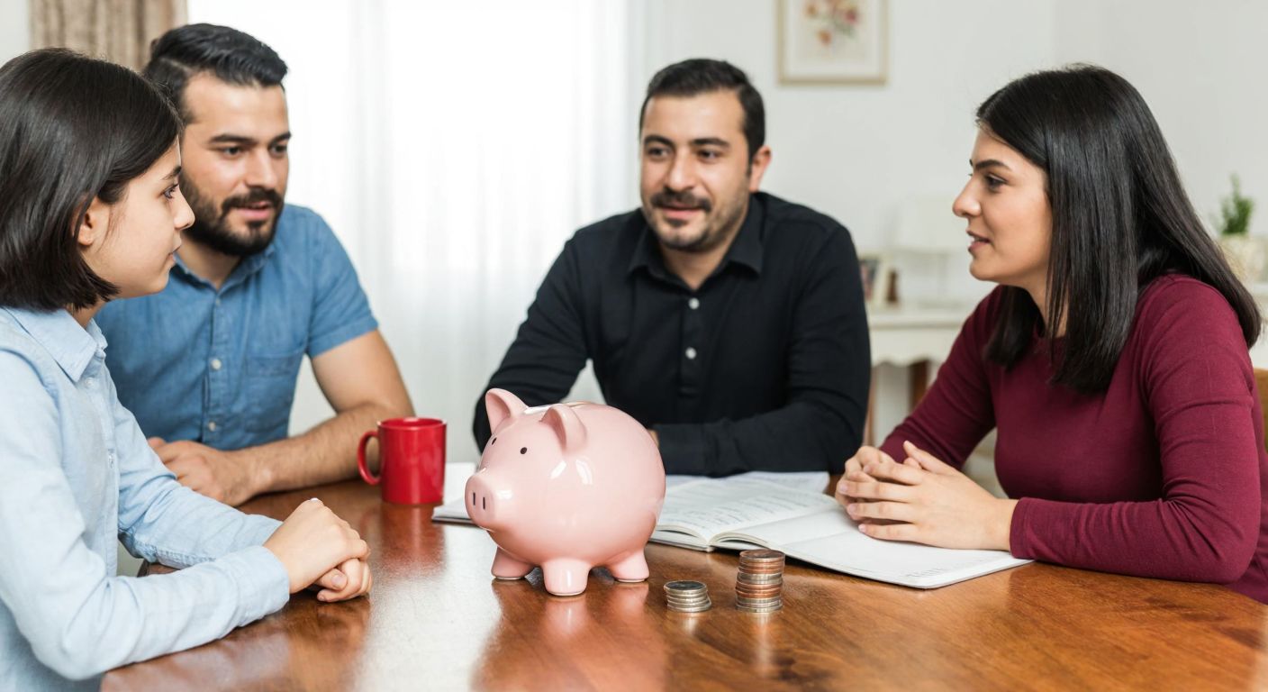 A Turkish family sits around a wooden table at home, discussing financial concepts with a piggy bank, a budget notebook, and a small stack of coins between them, their expressions thoughtful and engaged.