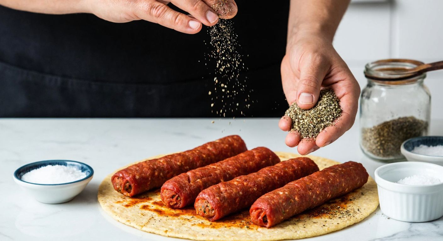 A close-up of a Turkish cook's hands sprinkling black pepper, red pepper flakes, and cumin over freshly rolled köfte on a marble counter, with a bowl of salt and a jar of köfte seasoning nearby.