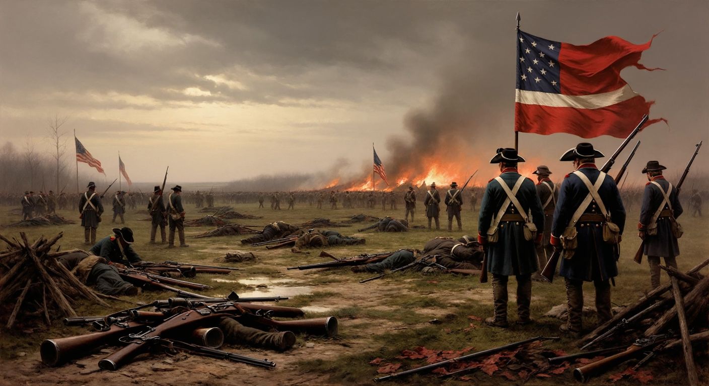 A somber battlefield scene with scattered rifles and tattered Union and Confederate flags under a gray sky, surrounded by weary soldiers in 19th-century uniforms.