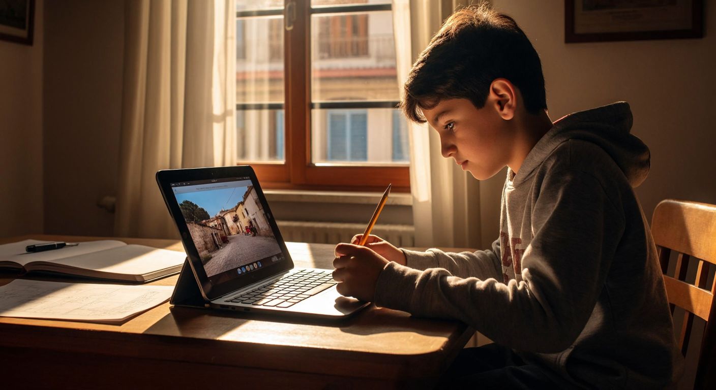 A young student in Turkey intently watches a video on a tablet, with a notebook open to math problems and a pencil in hand, while sunlight streams through a window onto a wooden desk.