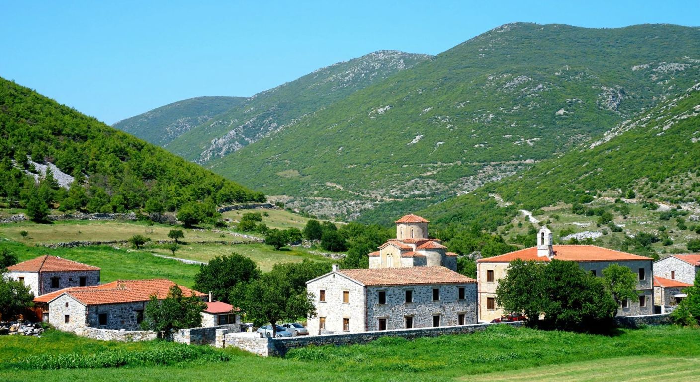 A tranquil Greek village nestled among rolling green hills, with stone houses and a small church, evoking a sense of history and quiet rural life.