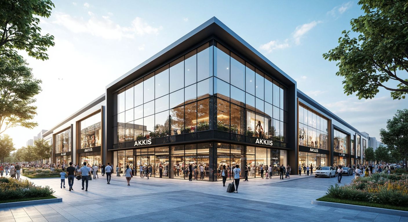 A modern shopping mall with a sleek glass facade, bustling with shoppers, set against a bright sky, with a discreet corporate logo of Akiş Gayrimenkul subtly integrated into the building's design.