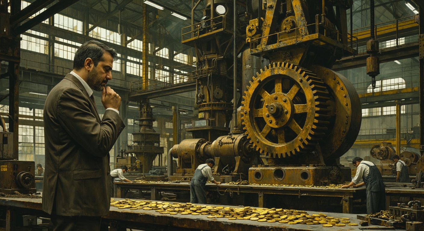 A Turkish economist stands pensively in a dimly lit industrial workshop, surrounded by towering machinery and weary workers, as golden coins slowly slip through his fingers into a rusted gear mechanism.
