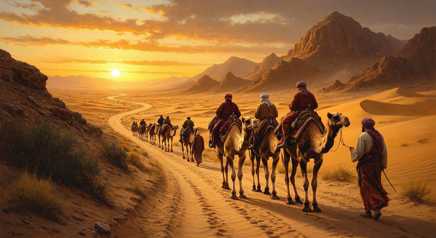 A winding desert caravan path under a golden sunset, with merchants in traditional Ottoman attire leading camels laden with silk, spices, and amber, exchanging goods and gestures with travelers from diverse cultures.