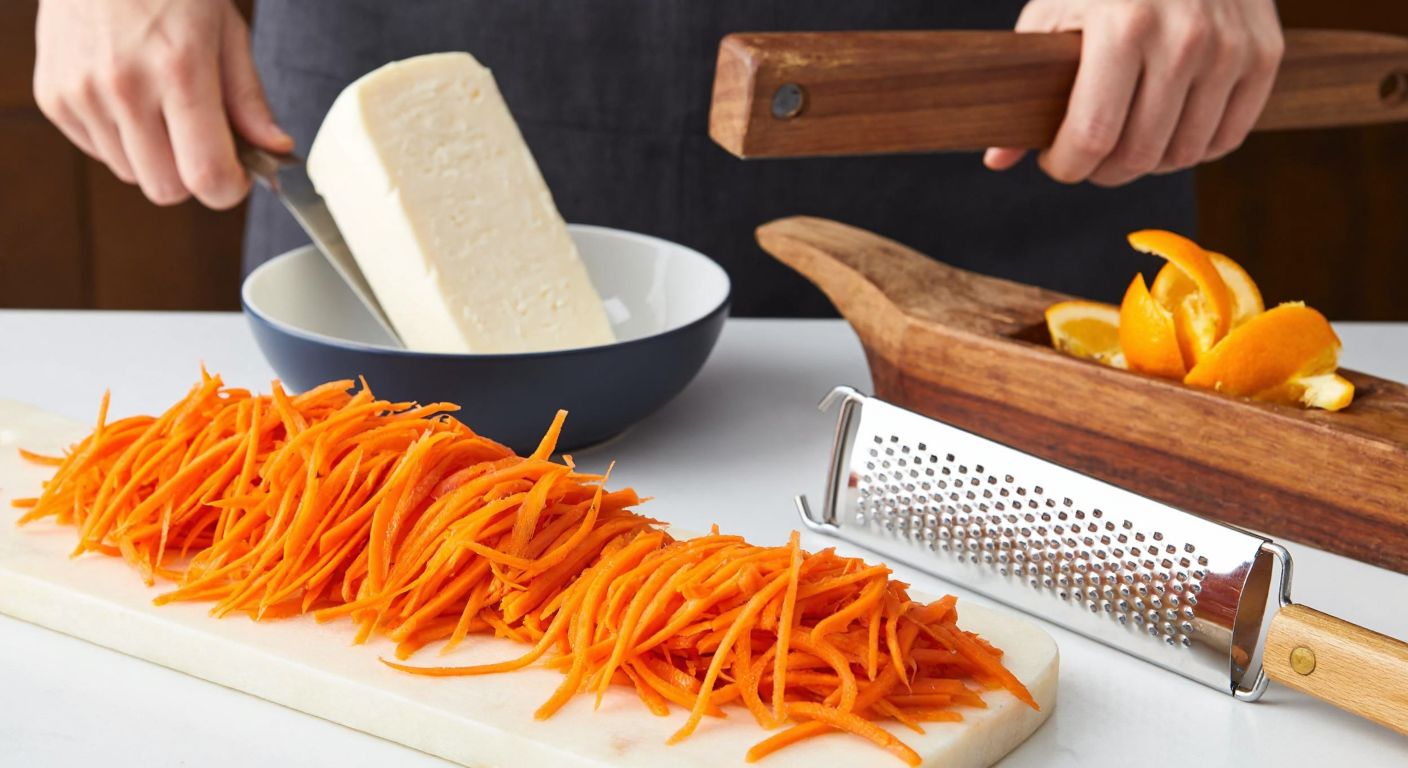 A Turkish kitchen counter with a stainless steel grater shredding bright orange carrots into fine strips, next to a block of white cheese and a bowl of citrus peels, while a wooden carpenter's plane smooths a rough piece of timber in the background.