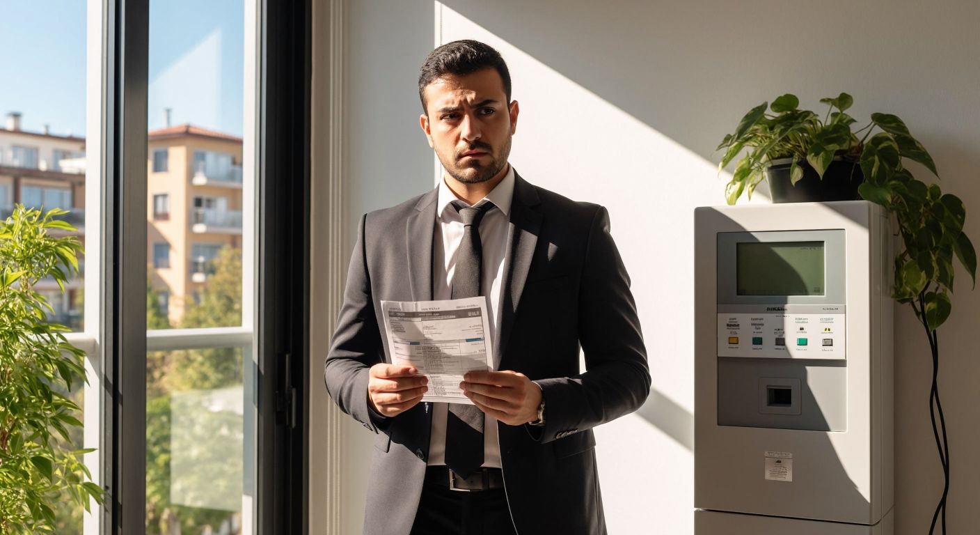 A Turkish man in a business suit stands thoughtfully beside a modern electricity meter in a sunlit office, holding a printed energy bill with a concerned expression.