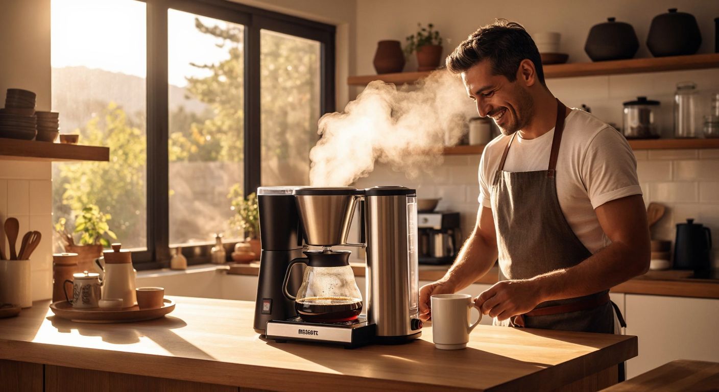 A sleek silver Moccamaster coffee maker sits on a wooden kitchen counter in a sunlit Turkish home, steaming freshly brewed coffee into a glass carafe while a smiling middle-aged man in a casual apron inhales the rich aroma with satisfaction.