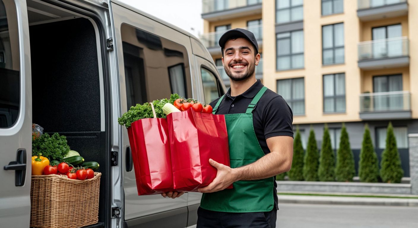 A cheerful delivery driver in a crisp uniform carries a stack of colorful grocery bags from a refrigerated van to a modern apartment building in Ümraniye, with fresh produce like tomatoes and cucumbers peeking out of the bags.