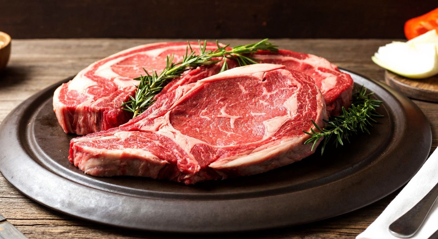 A platter of juicy, marbled Charolais beef slices, garnished with fresh herbs, resting on a rustic wooden table in a cozy Turkish kitchen.