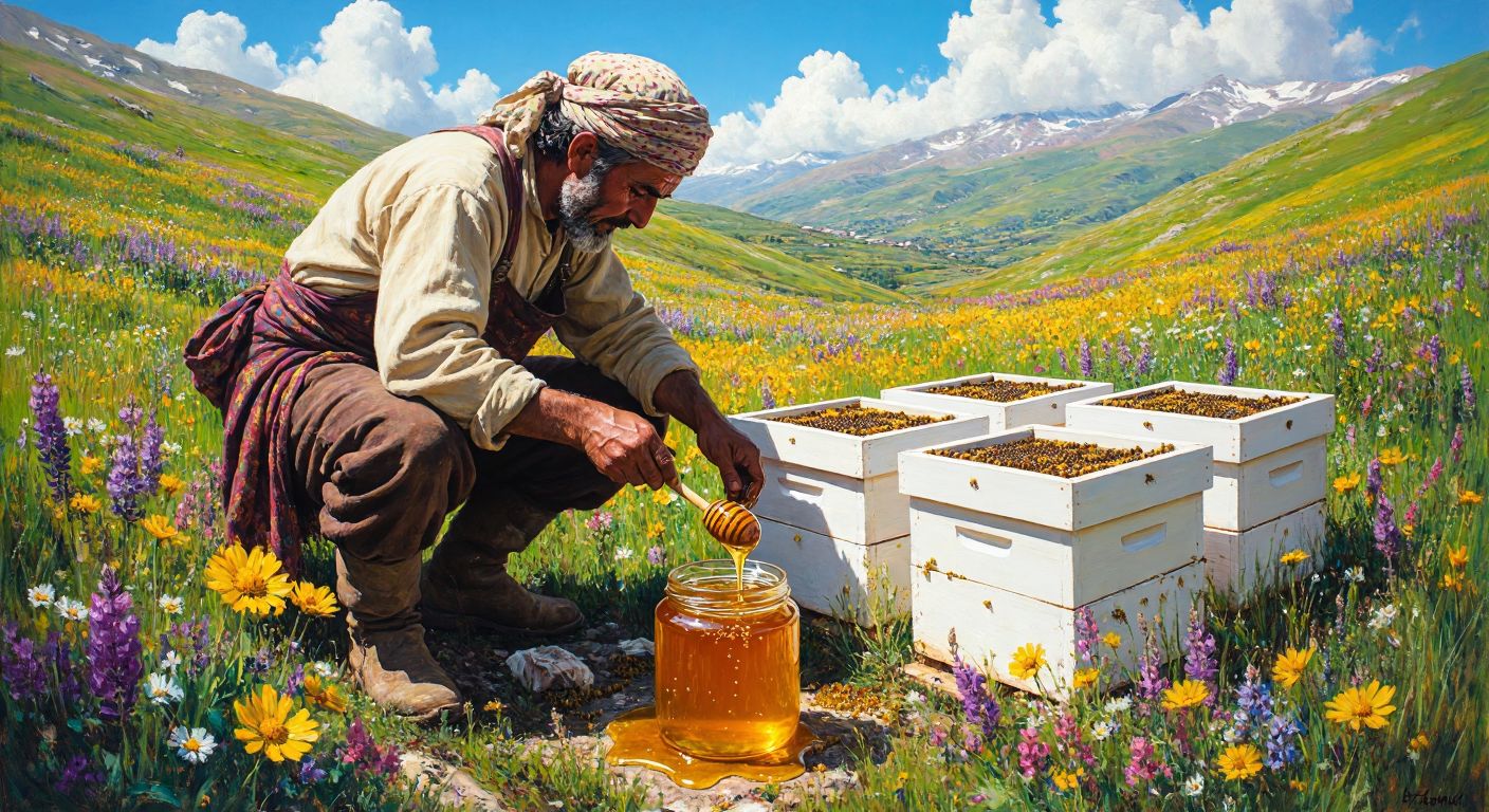 A sunlit meadow in Siirt's Pervari highlands, dotted with vibrant wildflowers, where a beekeeper in traditional attire carefully tends to white wooden hives, with golden honey dripping from a wooden spoon into a glass jar.