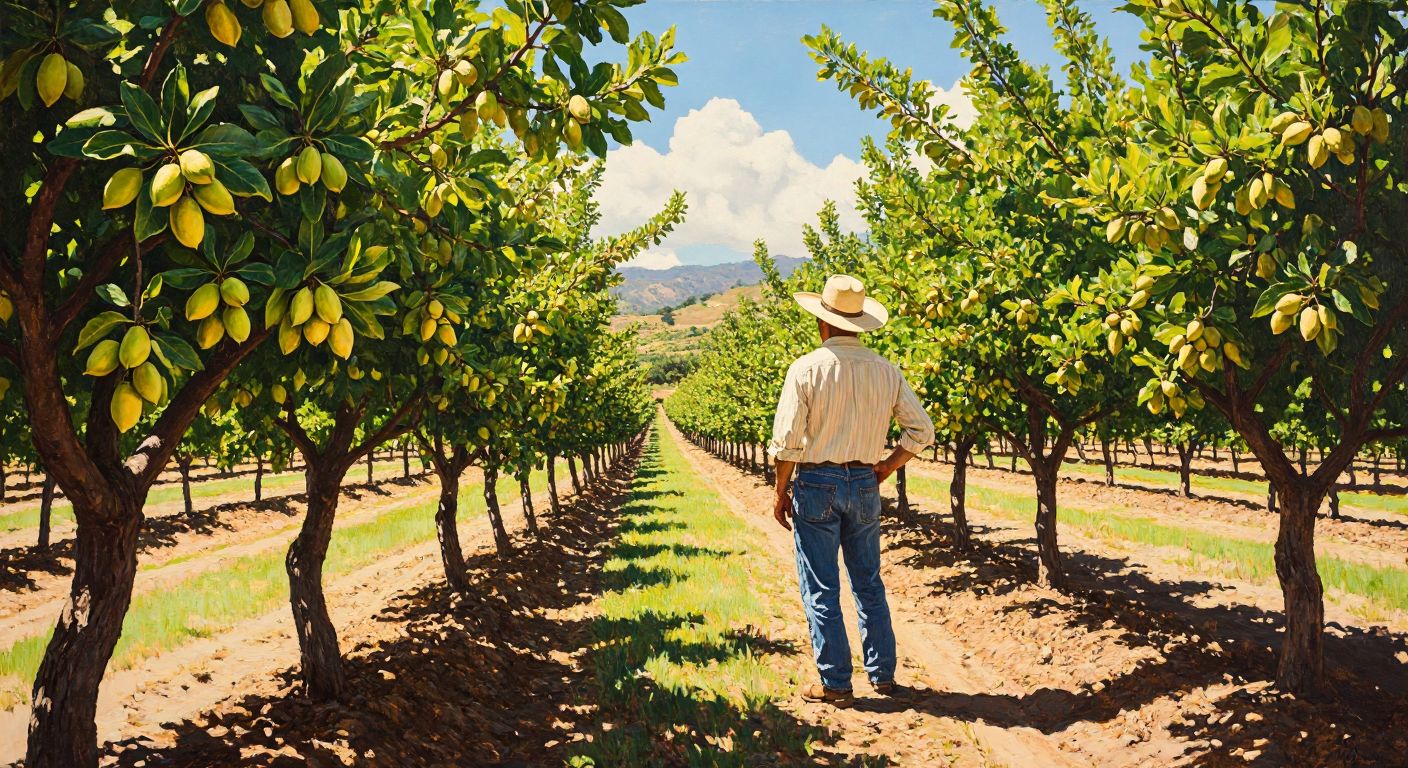 A sunlit pistachio orchard in California with rows of green trees laden with clusters of ripe, split-open pistachios, while a farmer in a wide-brimmed hat inspects the harvest.  

(Note: Since the query and response focus on the U.S., the description reflects an American agricultural setting, not Turkey.)